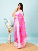 Thread Work On Rani Pink Pure Organza Saree
